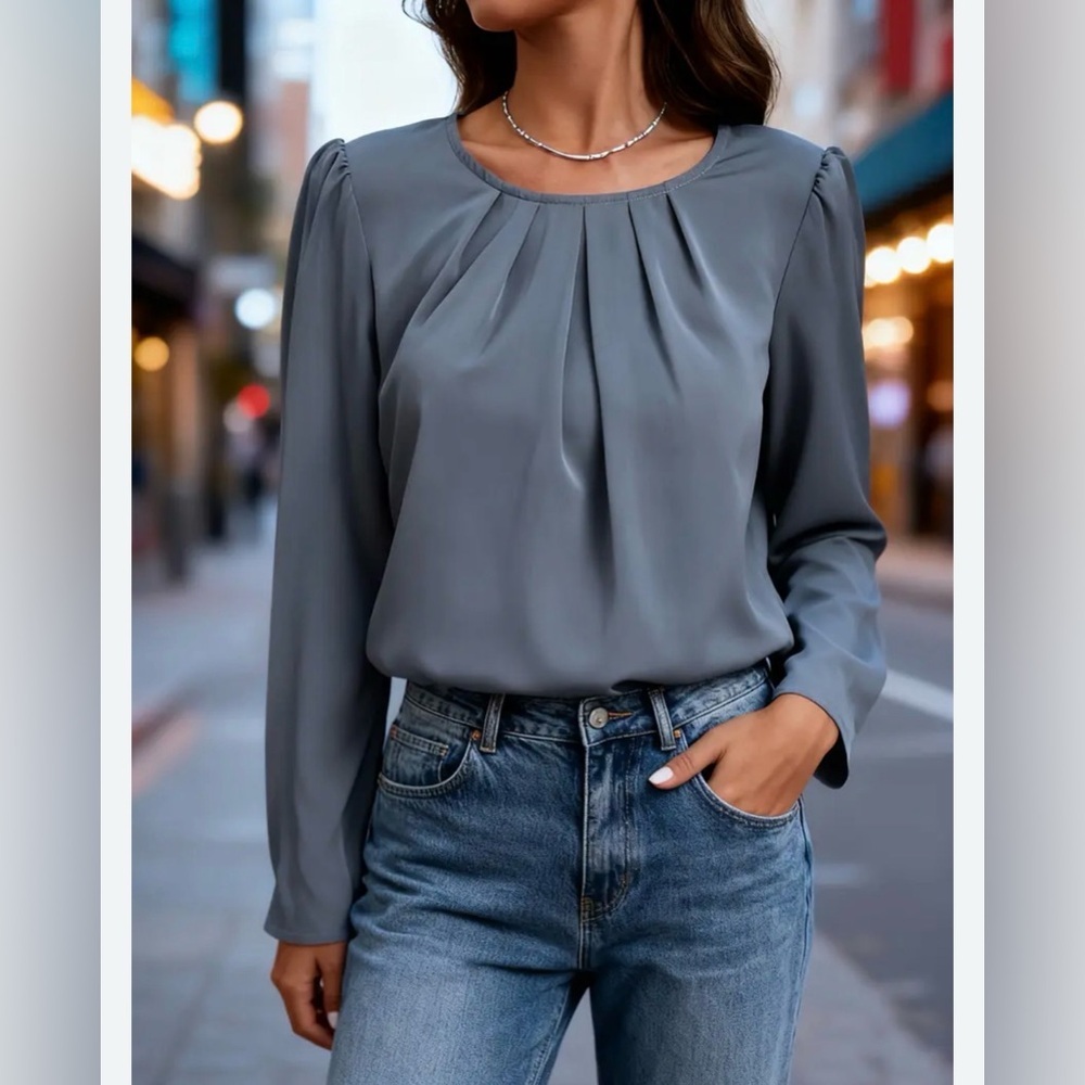 Temu Women's Pleated Neckline Long Sleeved Blouse, Slate Grey, Size L